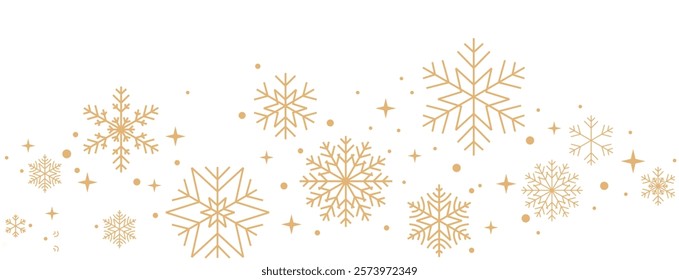 Christmas border. Gold snowflakes and stars banner vector isolated on White background