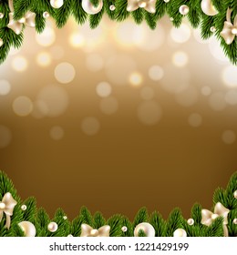 Christmas Border With Golden Background With Balls With Gradient Mesh, Vector Illustration