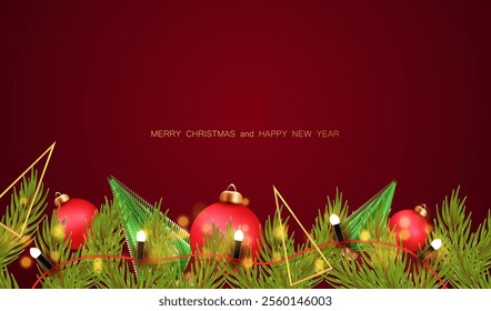 Christmas border with green branches, red ball and toy trees. Christmas banner frame with light lamps and bokeh on dark red background. Christmas and New Year holiday ornament. Vector illustration.