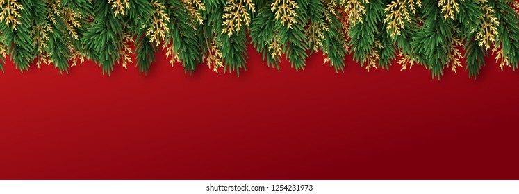 Christmas border green and golden pine branches