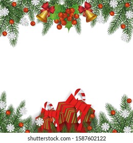 Christmas border with green pine tree branches and blank white copy space - decorated square frame with gold bells, gift boxes, snow and berries - isolated vector illustration.