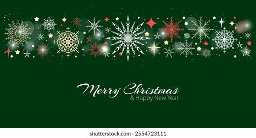 Christmas border with greetings. Holiday card with snowflakes. Christmas Snowflake Background. Eps 10