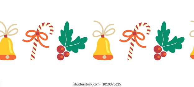 Christmas border hand drawn seamless repeating vector illustration. Candy cane, Christmas bell, mistletoe. Decorative Winter holiday design for greeting card decor, banner, ribbon, footer, dividers