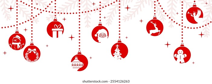 Christmas border, hanging balls banner, ornaments background