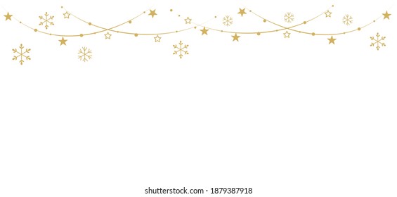 Christmas border with hanging stars and snowflakes, golden elements isolated on white background vector illustration.