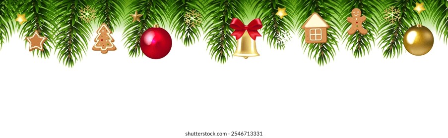 Christmas Border With Holly Berry And Christmas Toys White background White background With Gradient Mesh, Vector Illustration