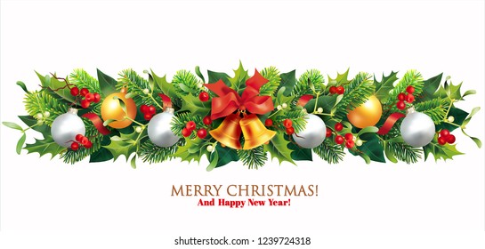 Christmas border with holly, fir branches, balls isolated on white. Vector illustration. 