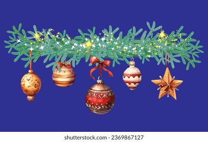 Christmas border with holly, fir branches, balls isolated on dark blue. Vector illustration.