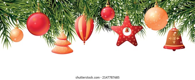 Christmas border. Horizontal tree decoration. Winter holiday branch