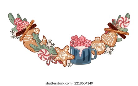 Christmas border with hot cocktail and gingerbread cookies on white background. Vector illustration.