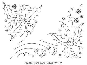 Christmas border with ilex leaves and berries, bells, stars and snoflakes isolated on white background for card, embroidery, interior design, ets.  Hand drawn illustration. Not AI created. Vector set.