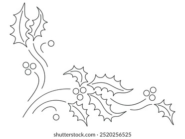 Christmas border with ilex lives, branches and berries isolated on white background. Nice horizontal frame for Christmas card or Happy New year banner or other use. Vector illustration. Not AI created