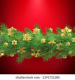 Christmas border made of realistic looking pine branches with gold foil snowflakes on red. EPS 10