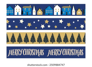 Christmas border ornaments set, winter town on blue tape background, seamless house street, Christmas trees, stars and typography. Vector modern flat illustration graphics.