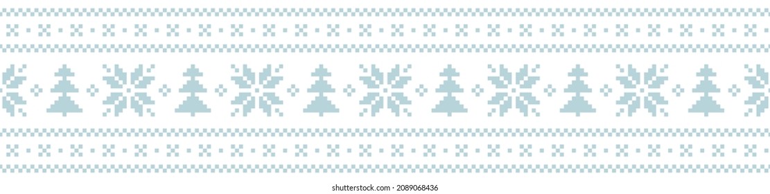 Christmas border pattern for washi tape in blue and white. Horizontally seamless pixel ribbon border vector graphic with Christmas trees and snowflakes for modern winter holiday gift paper design.