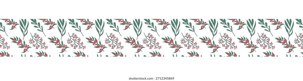 Christmas border pattern with winter plants. Cartoon flat illustration isolated. Winter botanical border with cotoneaster, snowberry.
