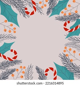 christmas border from pine branches, berries and leaves