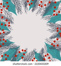 christmas border from pine branches, berries and leaves
