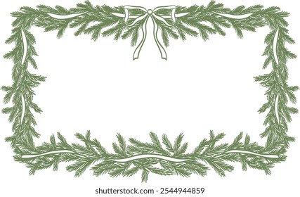 Christmas border with pine tree branches, bow, ribbon in vintage doodle style for poster, placard or party invitations. Christmas and New Year retro design holiday frame isolated vector illustration.