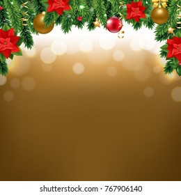 Christmas Border With Poinsettia And Fir Tree With Gradient Mesh, Vector Illustration