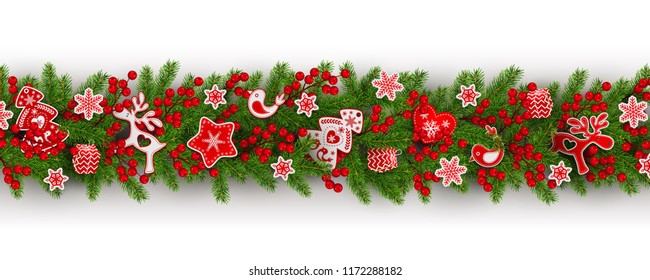 Christmas Border Of Realistic Branches Christmas Tree, Holly Berries, Red And White Toys In Scandinavian Style, Isolated On White, Vector Illustration