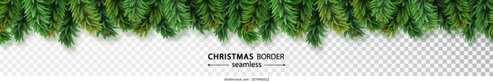 Christmas border with realistic tree seamless border isolated on transparent background. Xmas element for festive design isolated