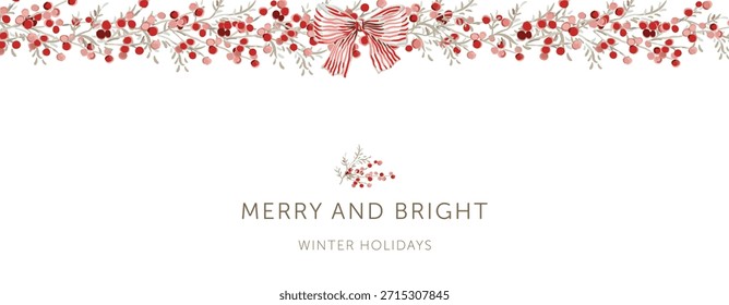 Weihnachtsrand, rote Beeren, Zweige, gestreifte Schleife, Text, weißer Hintergrund. Natur-Design. Vektorgrafik. Grußbanner-Vorlage. Wintersaison