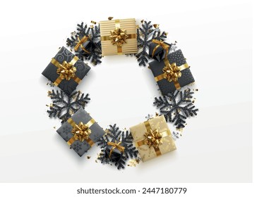 Christmas border round frame of black snowflake with sparkles and gift boxes and gold confetti. vector illustration