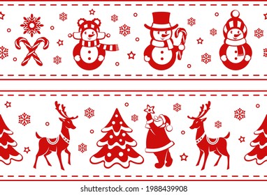 Christmas border. Santa Claus with reindeer and snowmen. Horizontal dividers with Merry Christmas and New Year icons. Red isolated silhouette. Festive design element. Seamless pattern. Vector