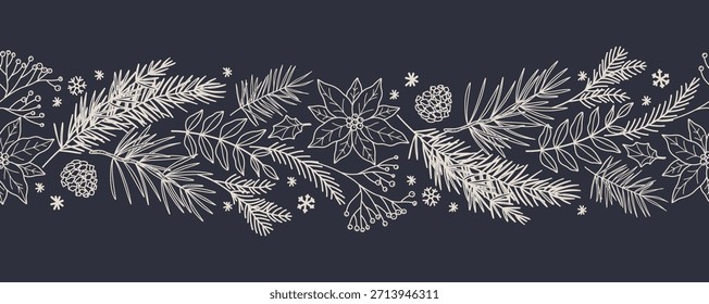 Weihnachtsgrenze mit einem nahtlosen Muster aus Tannenzweigen, Kiefernzapfen, Blättern, Poinsettias, Schneeflocken. Handgezeichnete Linie Stil Winter Vektorgrafik