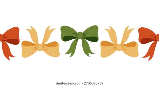 Christmas border, seamless row of red, green and gold bows arranged in a repeating festive line, suitable for holiday cards, wrapping, textile and seasonal decorations.