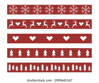 Christmas border set. Collection of snowflakes, deers, hearts, Christmas trees. Decorative elements. Ribbon Vector. Stripe pattern template.