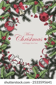 Christmas border set with fir branches and red berries, winter plants, of christmas tree toys and gifts. Xmas template. Vector illustration
