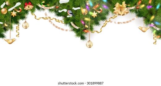 Christmas Border Set - tree branches with golden baubles, stars, snowflakes isolated on white. EPS 10 vector file included
