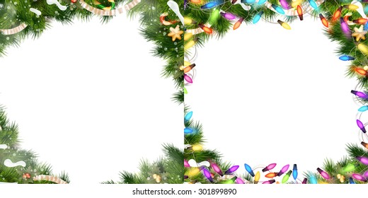 Christmas Border Set - tree branches with golden baubles, stars, snowflakes isolated on white. EPS 10 vector file included