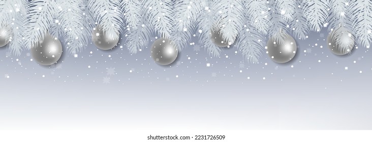 Christmas Border With Silver Fir Tree With Gradient Mesh, Vector Illustration

