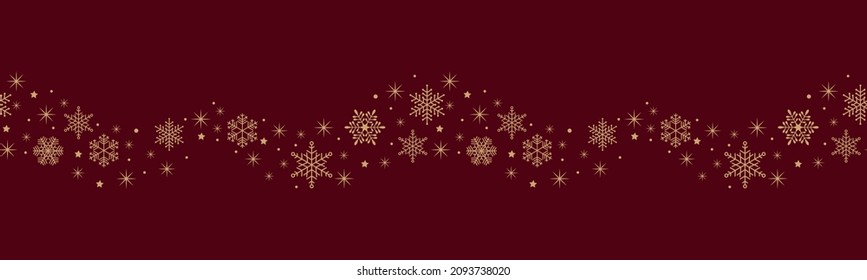 Christmas border of simple gold snowflakes and stars on red background. Seamless minimal horizontal pattern. Decorative vector snow wave
