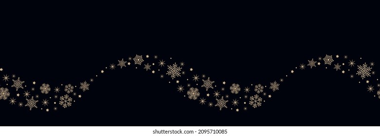  Frontera navideña de simples copos de nieve dorados y estrellas de fondo negro. Patrón horizontal mínimo e impecable. Onda de nieve vectorial decorativa