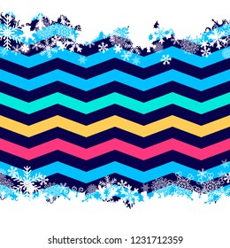 Christmas border, snowflake design poster. Colorful striped zigzag pattern background.