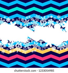 Christmas border, snowflake design poster. Colorful striped zigzag pattern background.
