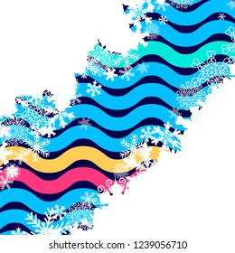 Christmas border, snowflake design poster. Colorful striped wave pattern background.