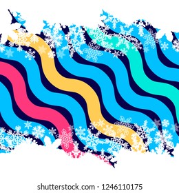 Christmas border, snowflake design poster. Colorful striped wave pattern background.