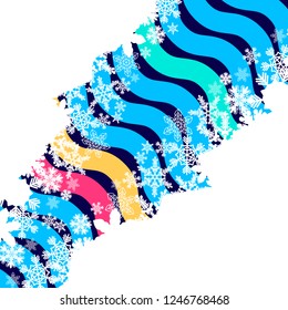 borde de Navidad, afiche de diseño de copos de nieve. Fondo colorido del patrón de onda a rayas.