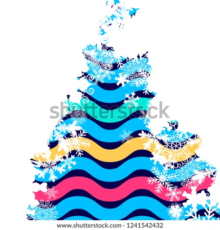 Christmas border, snowflake design poster. Colorful striped wave pattern background.