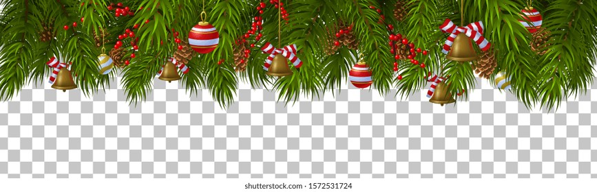 Christmas Border Template With Fir Branches, Pine Cones, Decorations And Bells. Isolated Vector Illustration
