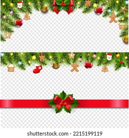 Christmas Border With Christmas Toys And Fir Tree Transparent Background With Gradient Mesh, Vector Illustration
