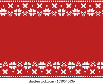 Christmas border with traditional geometric ornament on red background. Merry Christmas wrapping paper. Fair isle style pattern. Happy New Year design. Winter holiday texture. Vector illustration.