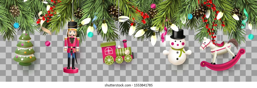 Christmas border with traditional wooden toys and branches. Seamless pattern.