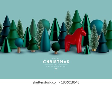 Christmas border with Christmas trees and traditional Scandinavian toy  horse.