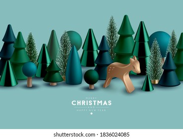 Christmas border with Christmas trees and wooden toy deer.